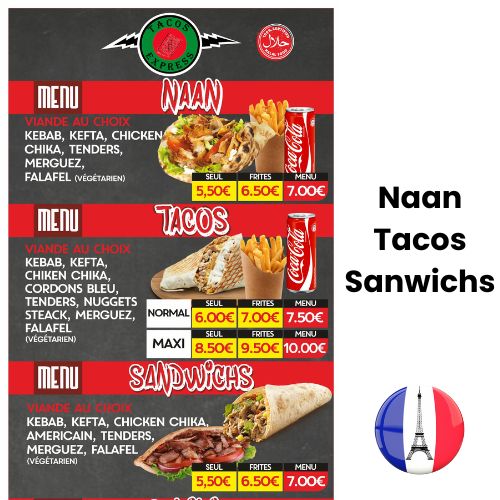 Naan - Tacos - Sandwichs Menu